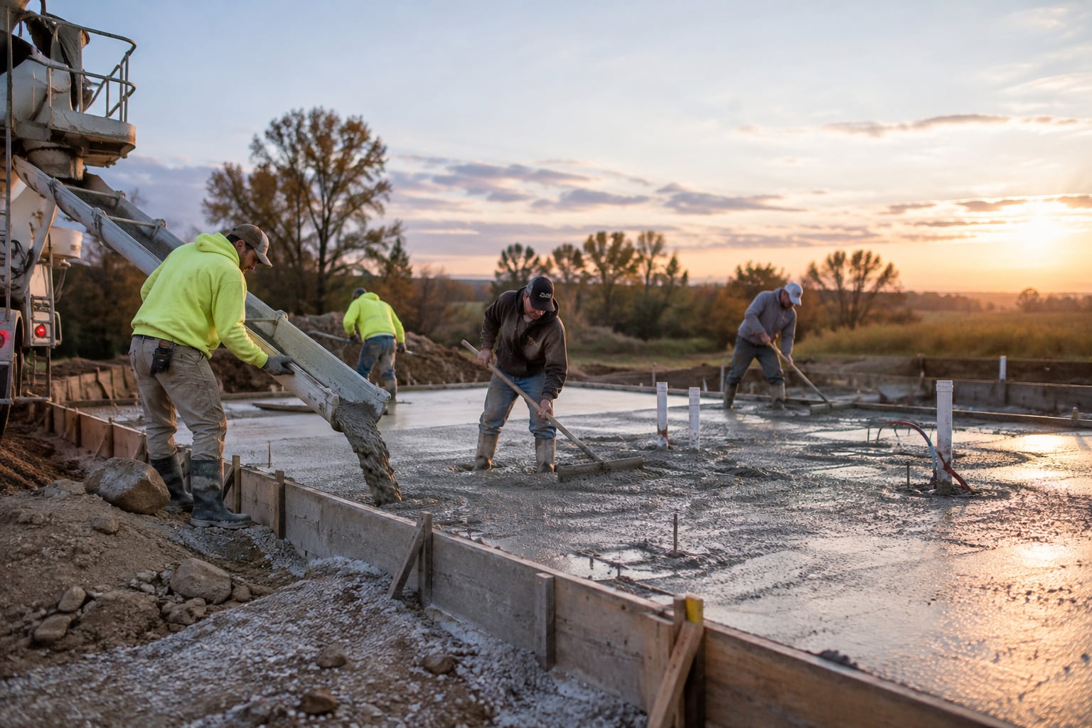 Concrete being poured into foundation forms on an open rural lot