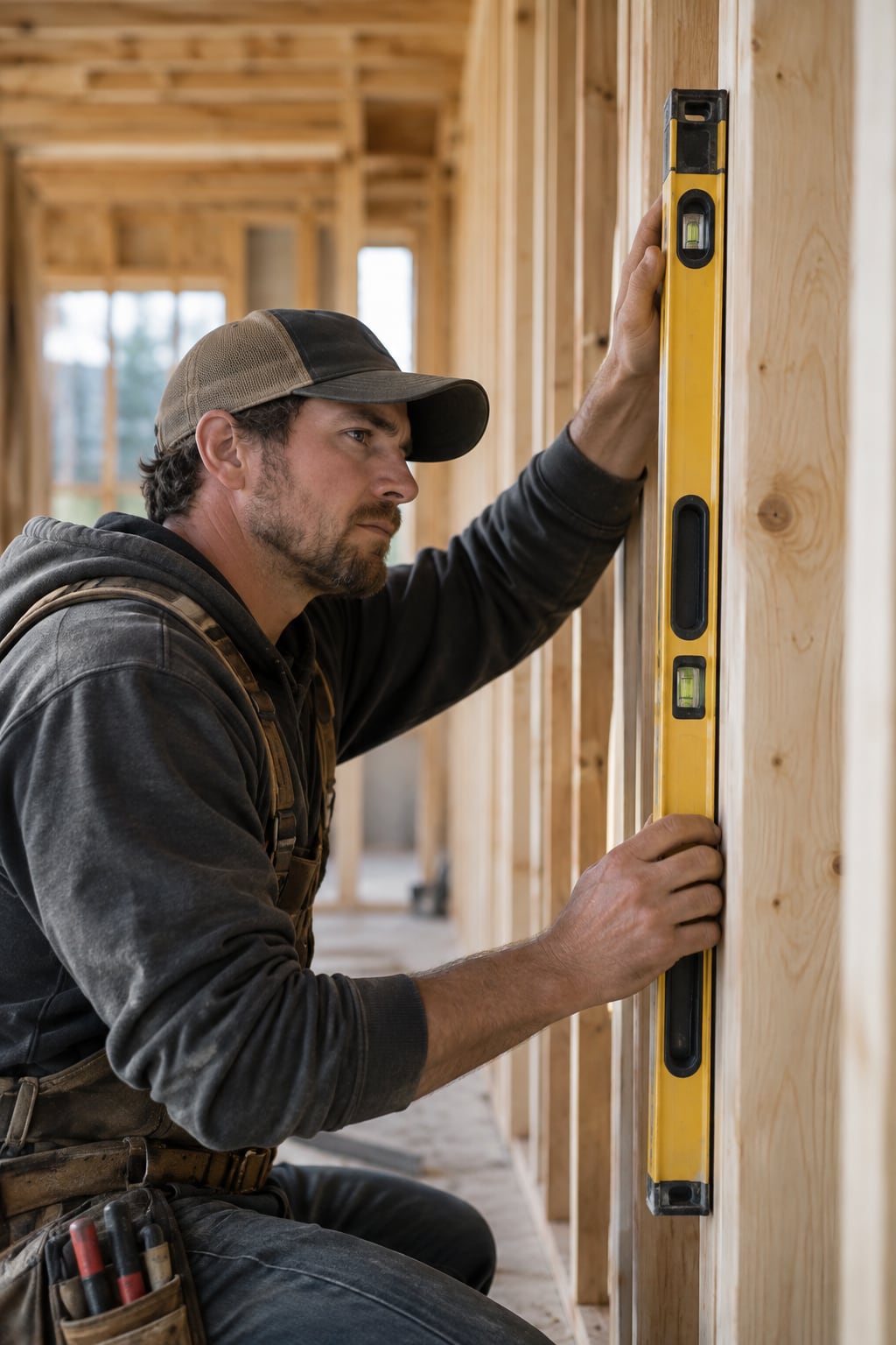 Carpenter holding a level against new wall framing