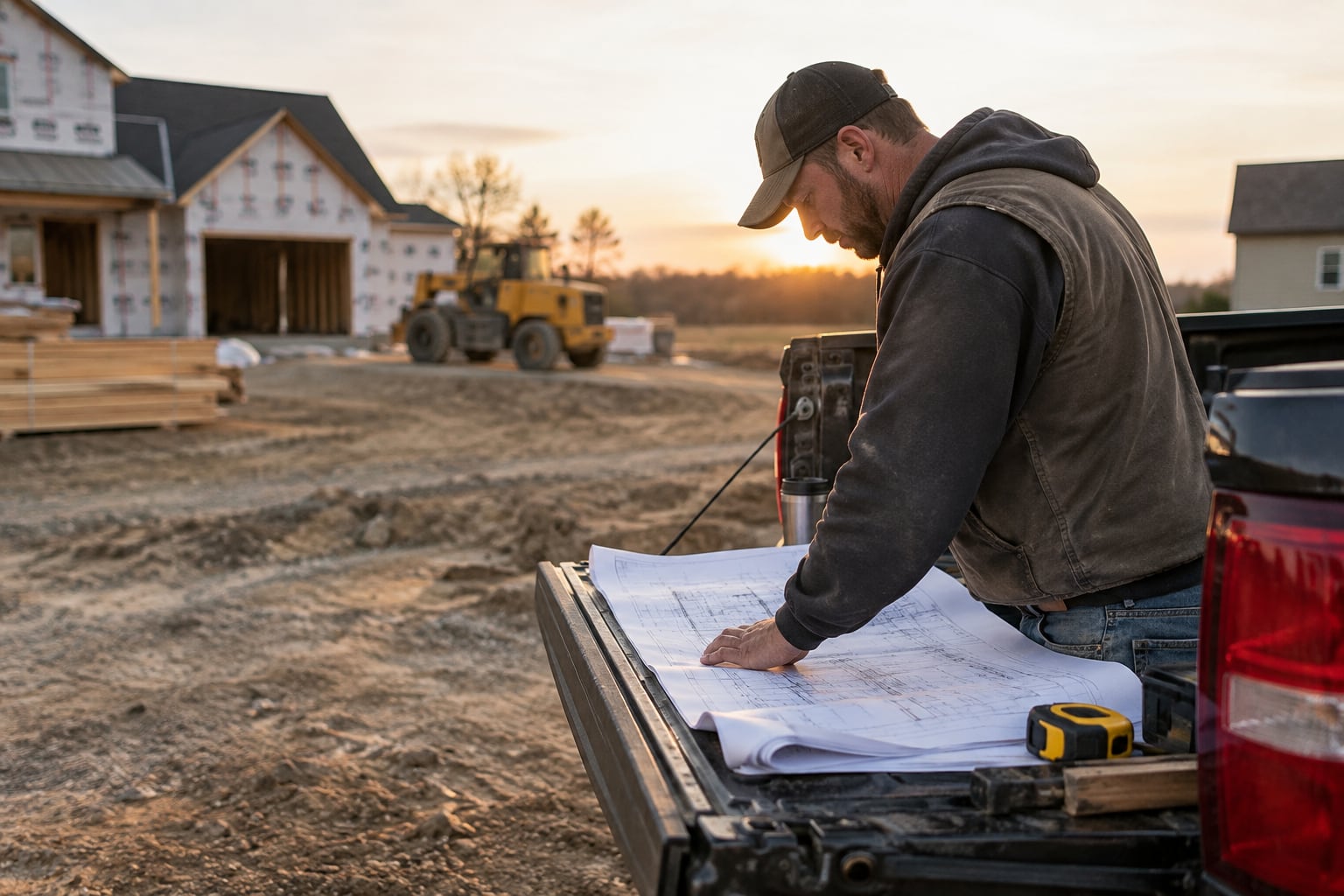 Builder reviewing construction plans spread on a pickup truck tailgate